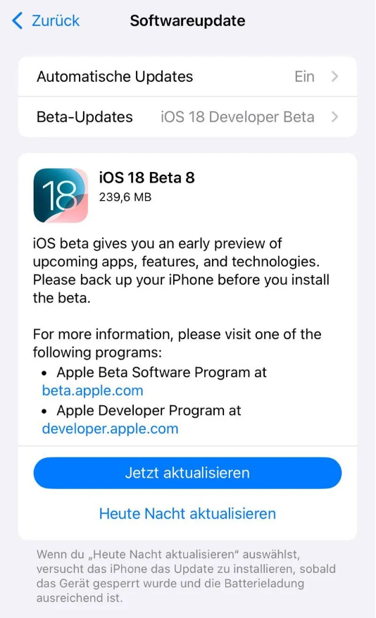 沁水苹果手机维修分享苹果 iOS / iPadOS 18 开发者预览版 Beta 8 发布 